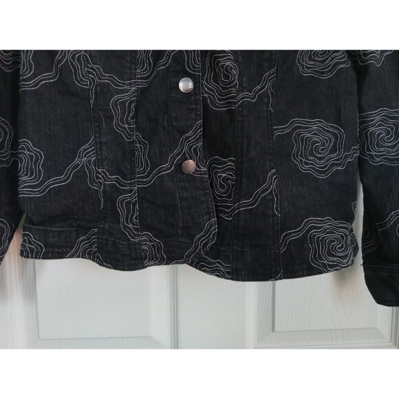 Ruby Rd Black Denim Jacket Rounded Edge Embroidered Abstract Design Size 16P EUC - Picture 5 of 6